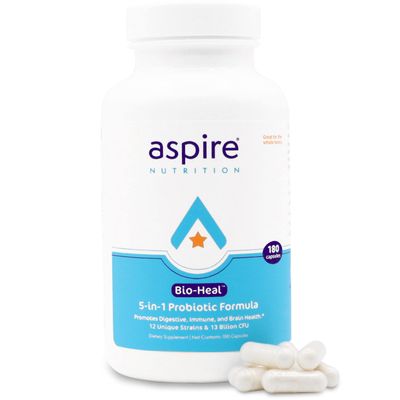 Aspire Nutrition 5-in-1 Bio-Heal Probiotic for Kids, Men & Women - Best Supplement for Brain Function, Gut Health & Constipation - Shelf Stable & Fortified with Vitamin, Mineral & Prebiotics Capsules