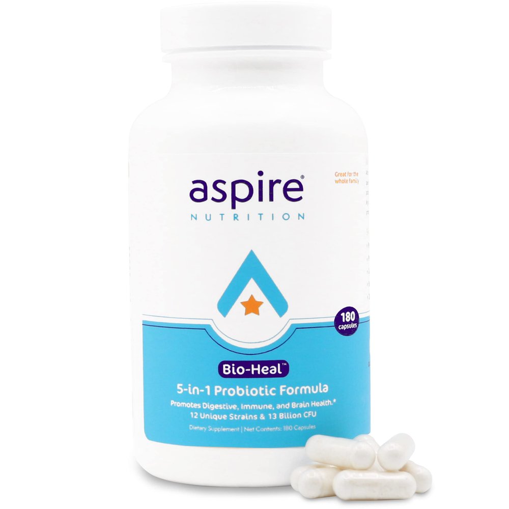 Aspire Nutrition 5-in-1 Bio-Heal Probiotic for Kids, Men & Women - Best Supplement for Brain Function, Gut Health & Constipation - Shelf Stable & Fortified with Vitamin, Mineral & Prebiotics Capsules