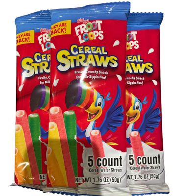 MIZO 2021 Kellogg's Cereal Straws Froot Loops Edible Breakfast Straw Alternatives for Milk, 90's Childhood Nostalgic Treat for Drinking and Eating, Cereals for Kids, Pack of 3, 5 Count, Multicolor