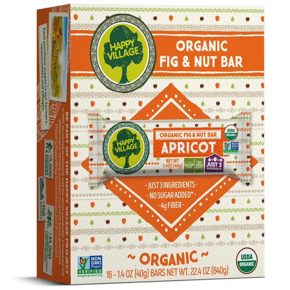Happy Village Organic Fig & Nut Bar, APRICOT | Only 3 Ingredients, Gluten Free, No Added Sugar, Kosher, Non-GMO, Vegan, Good Source of Fiber | Organic Healthy Snack Bars (16 bars, 1.4 OZ each)