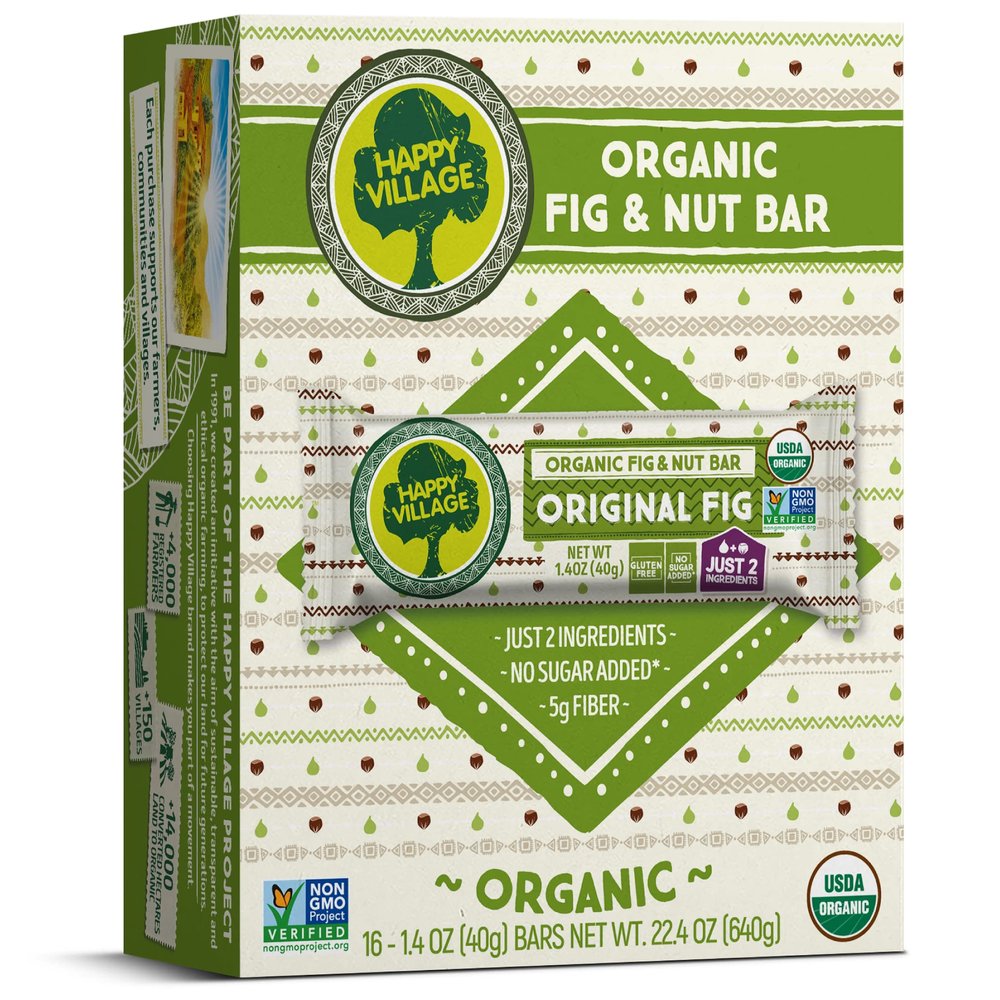 Happy Village Organic Fig & Nut Bar, ORIGINAL FIG | Only 2 Ingredients, Gluten Free, No Added Sugar, Kosher, Non-GMO, Vegan, Good Source of Fiber | Organic Healthy Snack Bars (16 bars, 1.4 OZ each)
