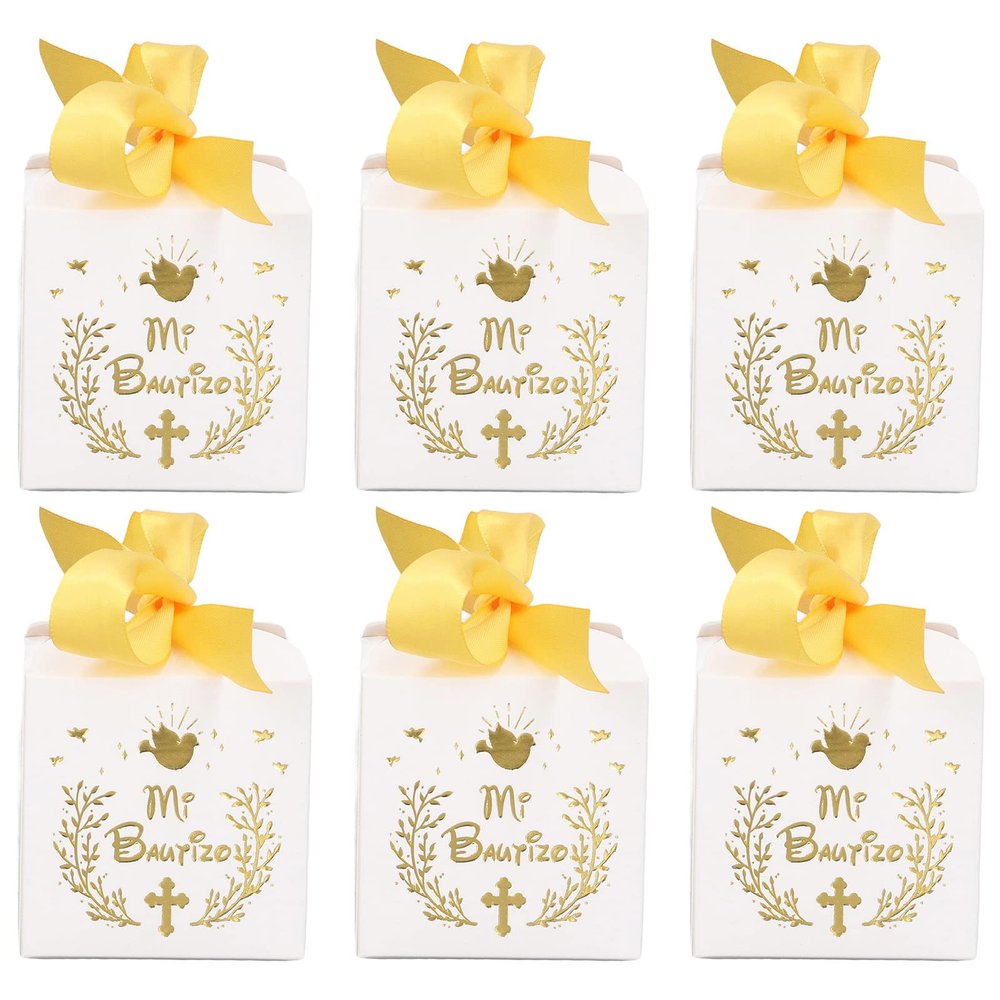 AUNMAS 50pcs Wedding Party Favor Candy Boxes, Paper Material Pattern Gift Box with Gold Ribbon Wedding Gift Boxes for Anniverary Birthday Party, White