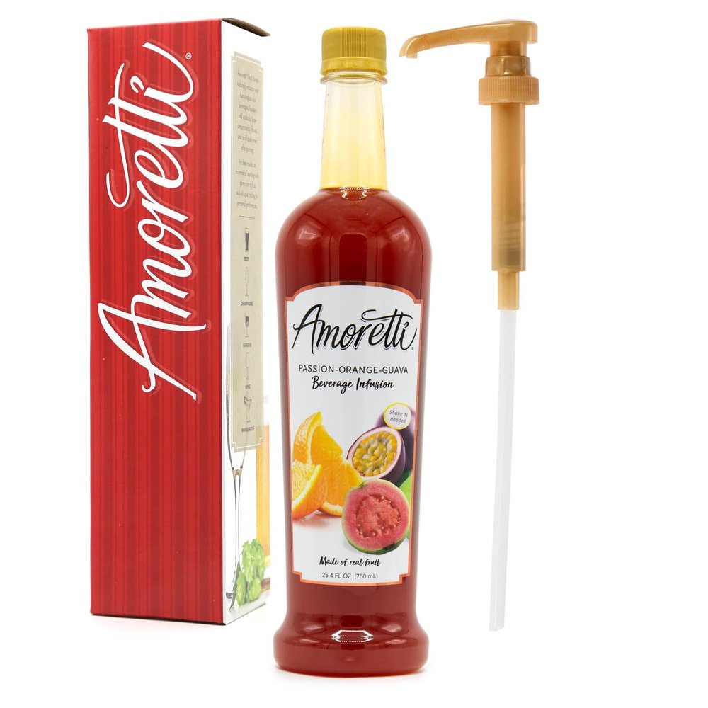 Amoretti - Passion-Orange-Guava Beverage Infusion, 94 Servings Per Bottle (750 ml) - Drink Mix & Water Enhancer with Pump for Flavoring Cocktails, Waters, Teas, and other Beverages, Preservative Free