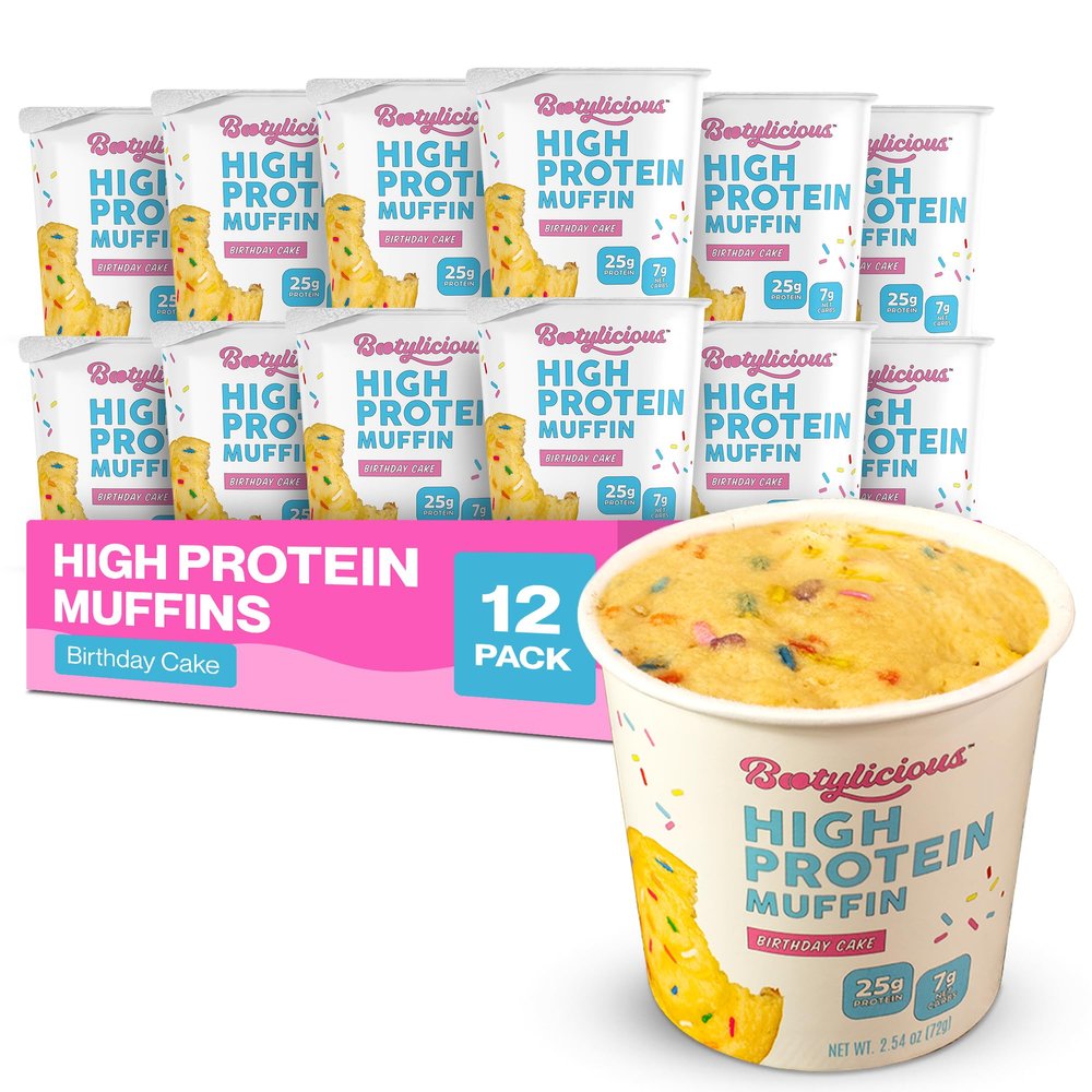 Bootylicious | 25g Protein Muffin | Birthday Cake | Low Carb, 16g Fiber, Low Glycimic Index, Low Sugar, 2.54oz Cup, 12-Pack