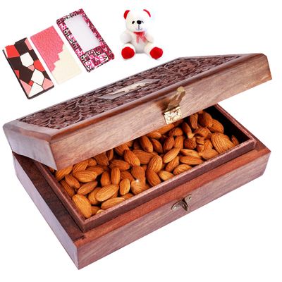 Jaiccha Ghasitaram Valentines Gift for Girlfriend/Boyfriend/Husband and Wife Wooden Craving Jewellery Box with Almonds with Teddy and 2 Chocolate Bars