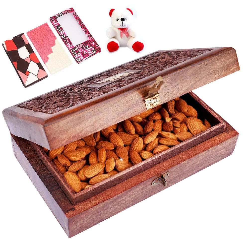 Jaiccha Ghasitaram Valentines Gift for Girlfriend/Boyfriend/Husband and Wife Wooden Craving Jewellery Box with Almonds with Teddy and 2 Chocolate Bars