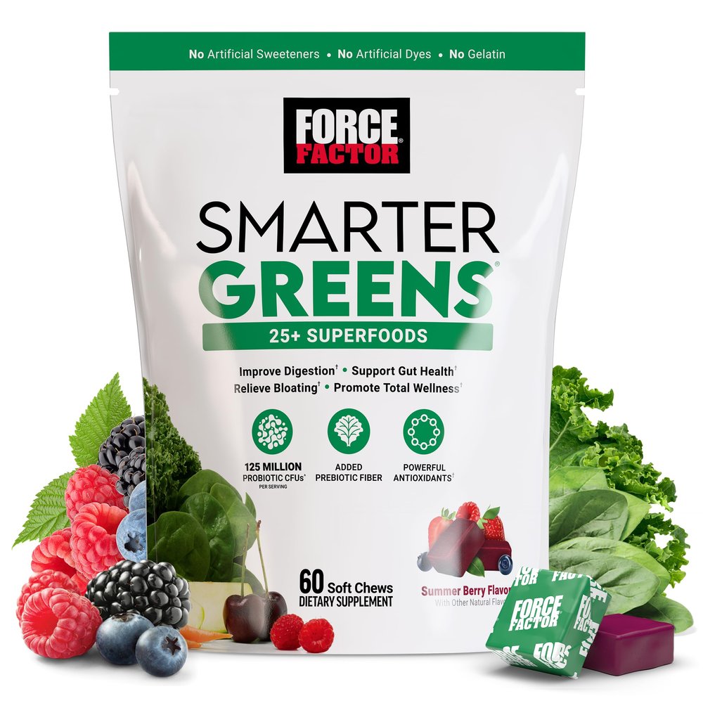 Force Factor Smarter Greens Superfood Chews, Greens and Superfoods with Probiotics, Antioxidants, and Fiber, Greens Supplement to Support Digestion, Nitric Oxide, and Energy, 60 Soft Chews