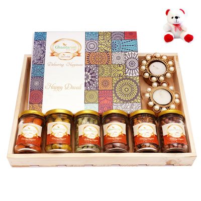 Ghasitaram Gifts Valentines Gift for Girlfriend/Boyfriend/Husband and Wife Big Light Wooden Basket of 9 Goodies with Teddy