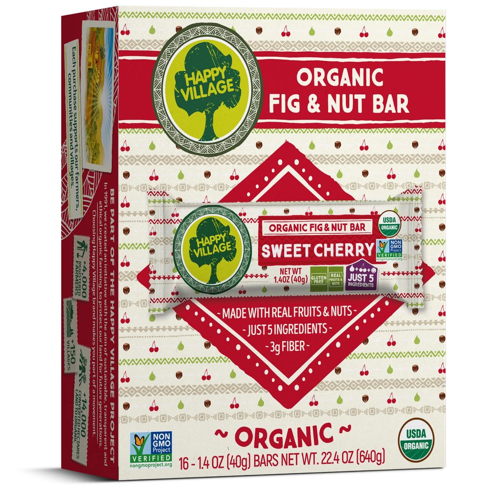 Happy Village Organic Fruit & Nut Bar, SWEET CHERRY | Gluten Free, No Refined Sugar, Kosher, Non-GMO, Vegan, Good Source of Fiber | Organic Healthy Snack Bars (16 bars, 1.4 OZ each)