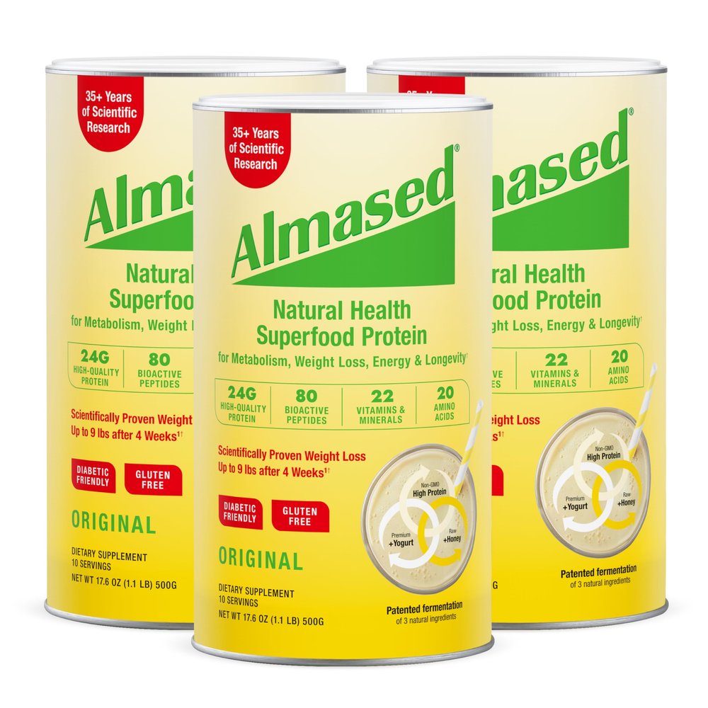 Almased Meal Replacement Shake - Low-Glycemic High Plant Base Protein Powder- Nutritional Weight Health Support Supplement - Original Flavor - 17.6 oz (Pack of 3)