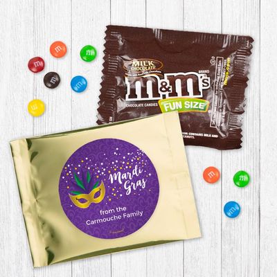 12ct Mardi Gras Candy M&M's Milk Chocolate Fun Size (12 Pack) - Gold Foil - (3 x 4in) Personalized Party Favors