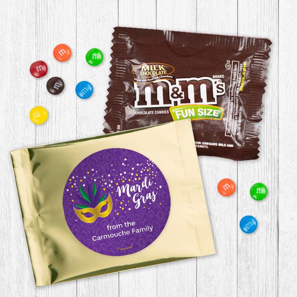 12ct Mardi Gras Candy M&M's Milk Chocolate Fun Size (12 Pack) - Gold Foil - (3 x 4in) Personalized Party Favors