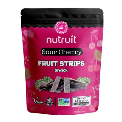 Nutruit Sour Cherry Fruit Strips - Plant Based Healthy Snacks - Gluten Free, Non-GMO, Vegan - High Fiber Dried Fruit Snacks with No Added Sugar & Palm Oil - 1.1 oz Packs (20-Pack)