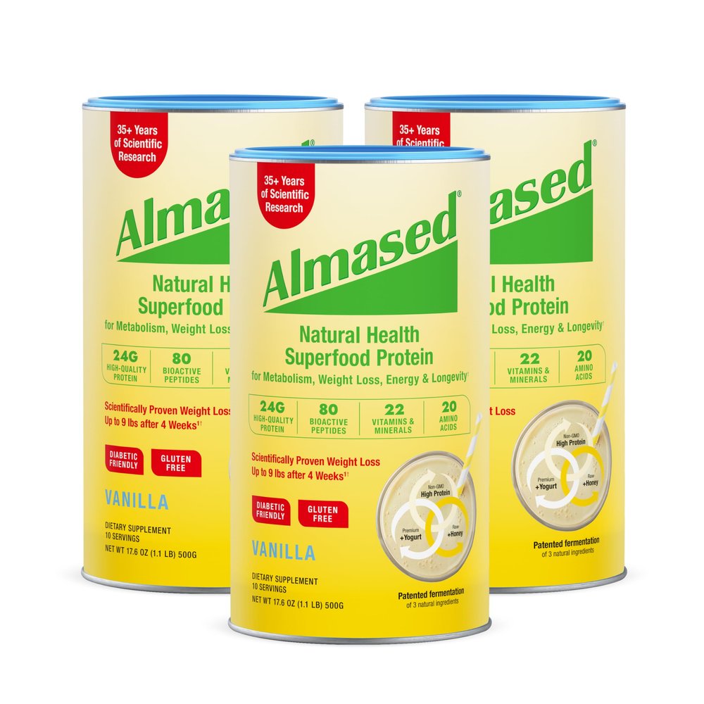 Almased Vanilla Meal Replacement Shake - Low-Glycemic High Plant Base Protein Powder- Nutritional Weight Health Support Supplement - Vanilla Flavor - 17.6 oz (1.1 Pound (3 Pack))