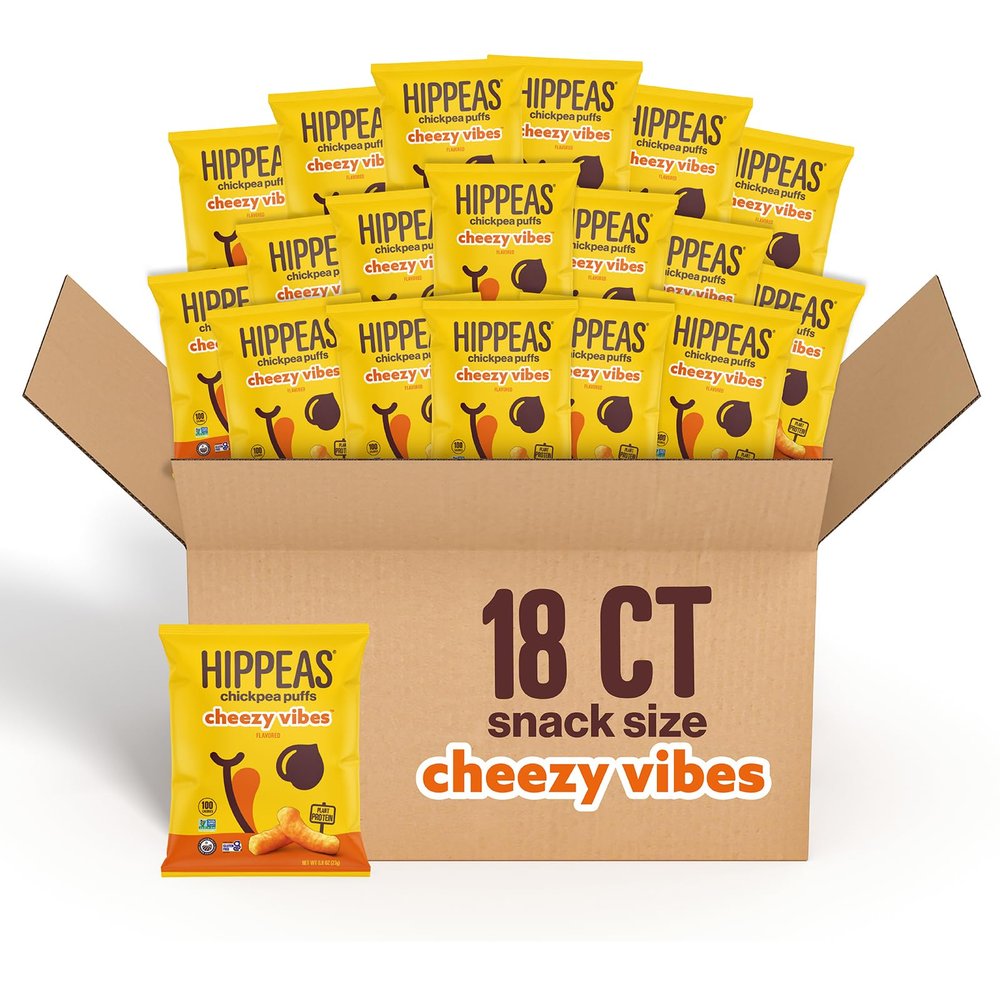HIPPEAS Chickpea Puffs, Cheezy Vibes, Gluten Free Snacks, Dairy Free, Vegan, 0.8oz, Pack of 18, 3g Protein, 2g Fiber, Crunchy, Nutritious, Baked Plant Protein Snack, Non-GMO, Kosher