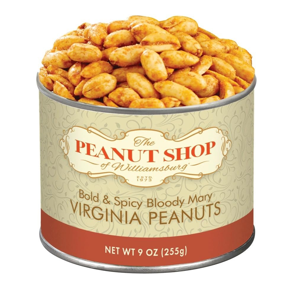 The Peanut Shop of Williamsburg Spicy Bloody Mary Cocktail Peanuts, Handcooked Virginia Peanuts, Gifts for Bloody Mary Lovers- 9 Oz Tin