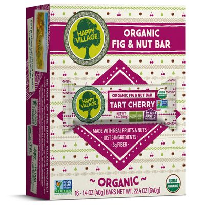 Happy Village Organic Fruit & Nut Bar, TART CHERRY | Gluten Free, No Refined Sugar, Kosher, Non-GMO, Vegan, Good Source of Fiber | Organic Healthy Snack Bars (16 bars, 1.4 OZ each)