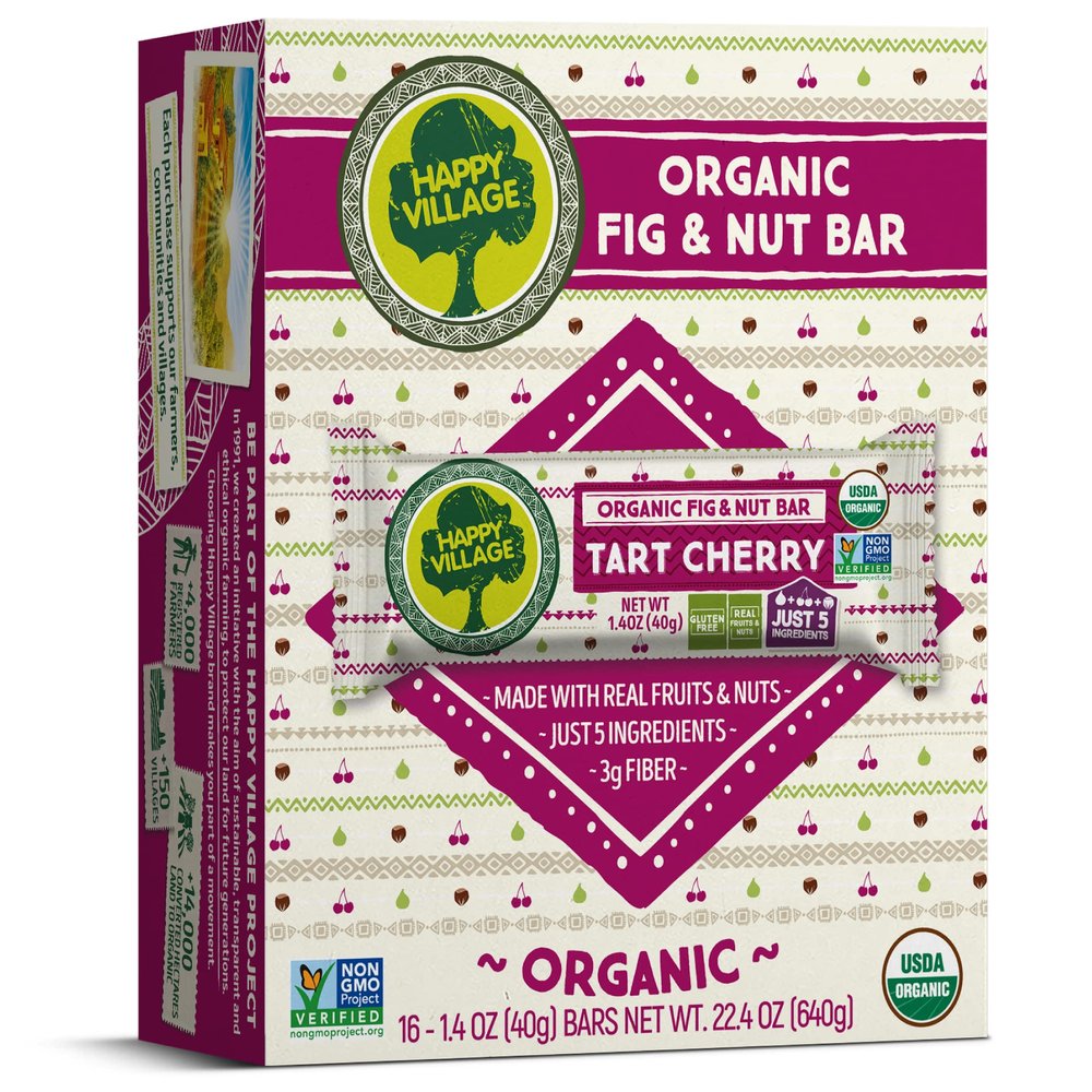Happy Village Organic Fruit & Nut Bar, TART CHERRY | Gluten Free, No Refined Sugar, Kosher, Non-GMO, Vegan, Good Source of Fiber | Organic Healthy Snack Bars (16 bars, 1.4 OZ each)