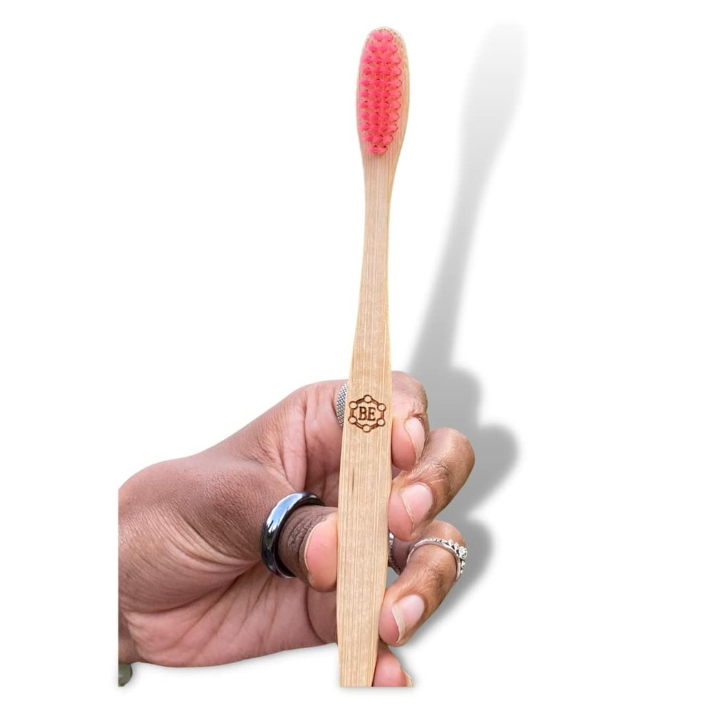 Bare Elements Positive Affirmation Bamboo Toothbrush | positive affirmation written in reverse so you can read it while you brush your teeth! (Right Handed, Pink)