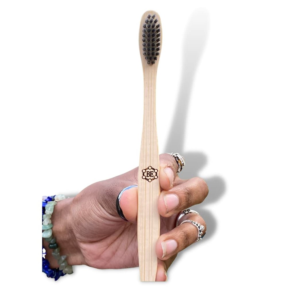 Bare Elements Positive Affirmation Bamboo Toothbrush | positive affirmation written in reverse so you can read it while you brush your teeth! (Right Handed, Black)