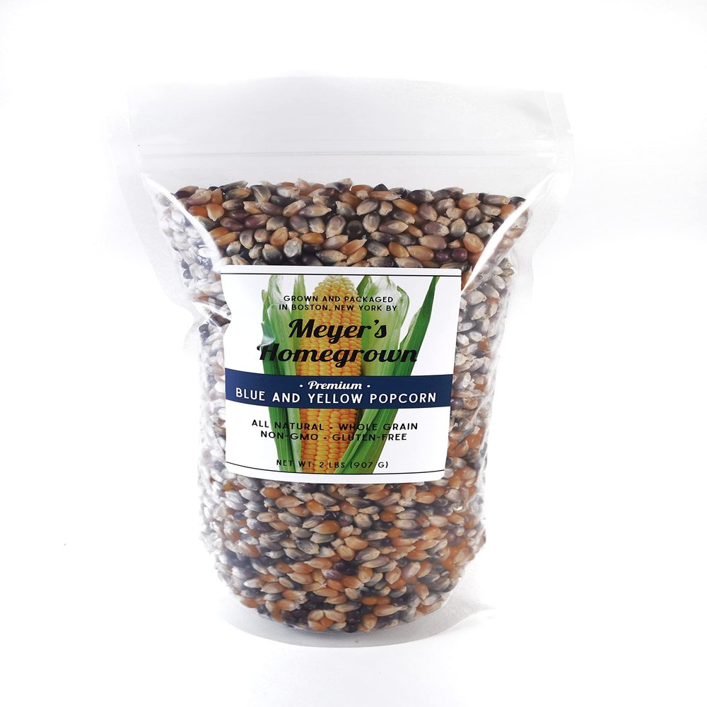 Meyer's Homegrown Premium Blue and Yellow Popcorn, 2lbs, no GMO/Peanuts/Tree Nuts, Crunchy Butterfly Flakes, Your New Favorite Snack