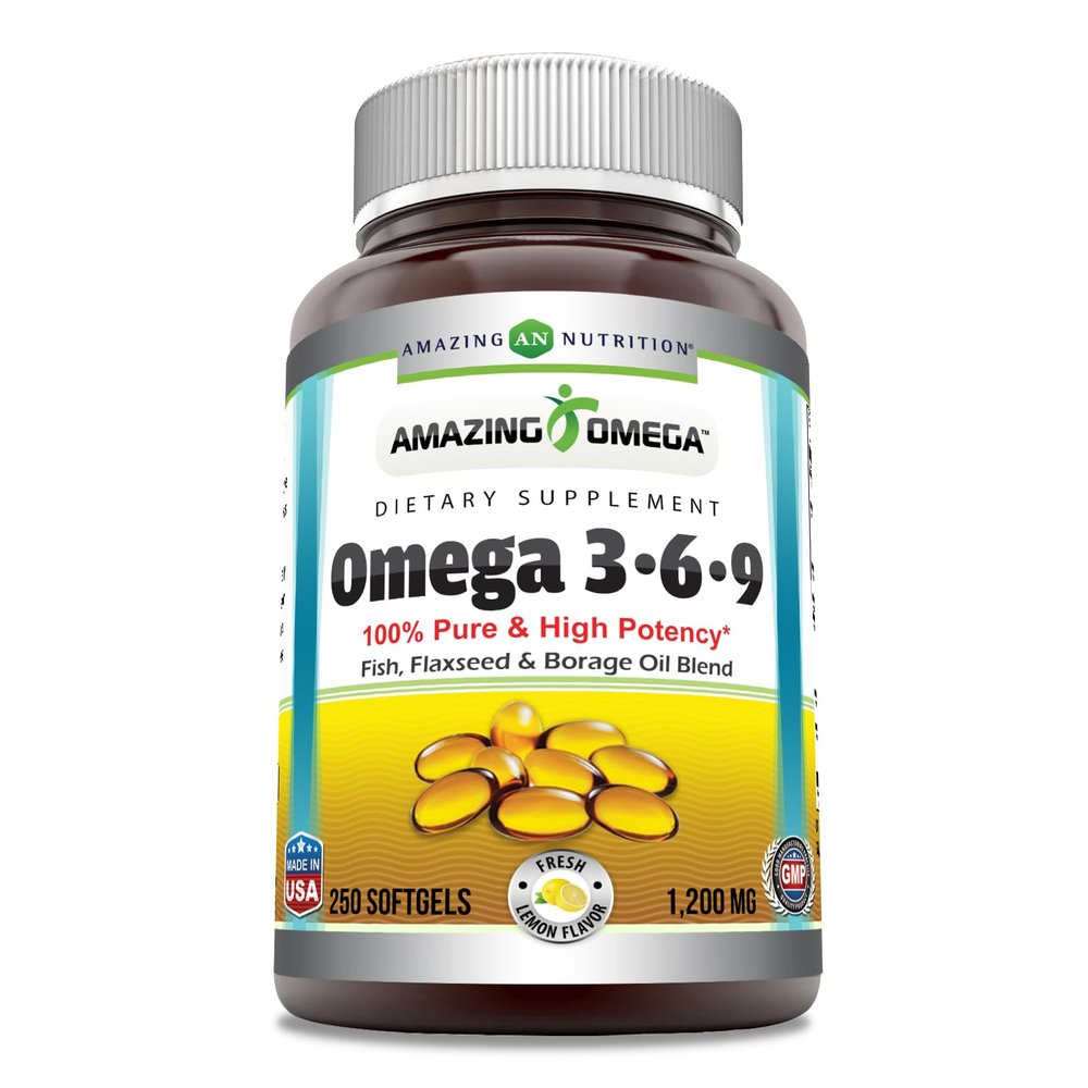Amazing Omega 3.6.9 Supplement | 1200 Mg | Lemon Flavor | Unique Formula of Flaxseed Oil, Borage Oil, Fatty Acids | Non-GMO | Gluten-Free | Made in USA (1 Pack | 250 Softgels)