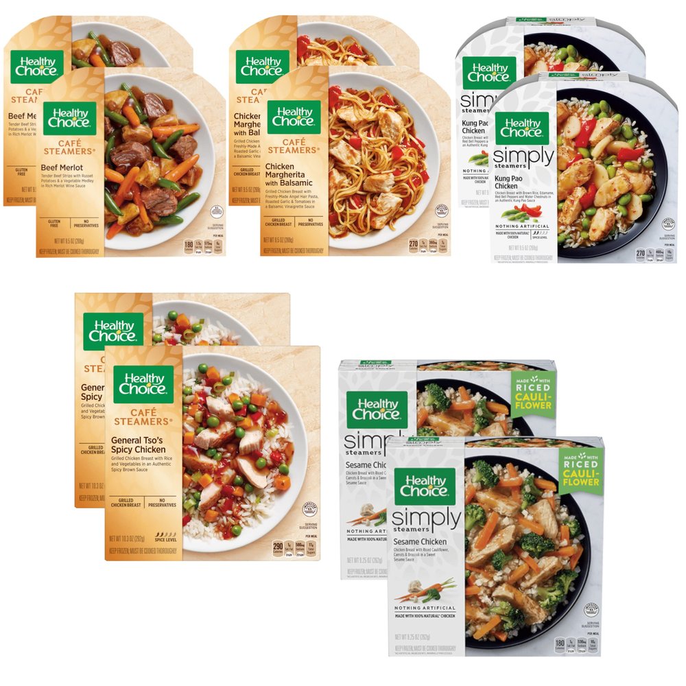 Healthy Choice Frozen Meals Variety Pack - Healthy Choice Sesame Chicken - Spicy Chicken General Tso's - Chicken Margherita with Balsamic - Kung Pao Chicken - Beef Merlot - 2 Boxes of Each, 10 Total
