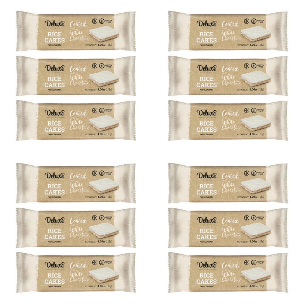 Deluxe & Bla Bla Thin and Crispy Strawberry Yogurt Chocolate Rice Cakes, Kosher Certified Dairy, Gluten Free, Nuts Free Snack Pack Of 12 (Pack of 12, White Chocolate)