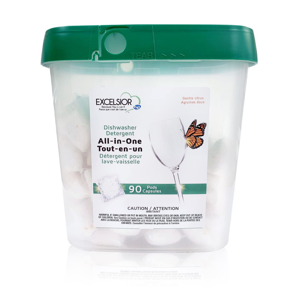 Excelsior HE All-In-One Dishwasher Detergent Pods includes 90 Dishwasher pods with built-in rinse aid for an amazing shine & leaving a gentle citrus scent