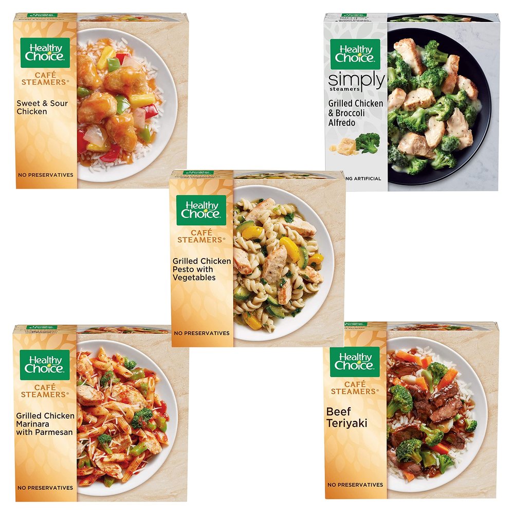 Healthy Choice Combo Pack - Beef Teriyaki - Grilled Chicken & Broccoli Alfredo - Grilled Chicken Marinara - Grilled Chicken Pesto - Sweet and Sour Chicken - 1 Box of Each, 5 Total