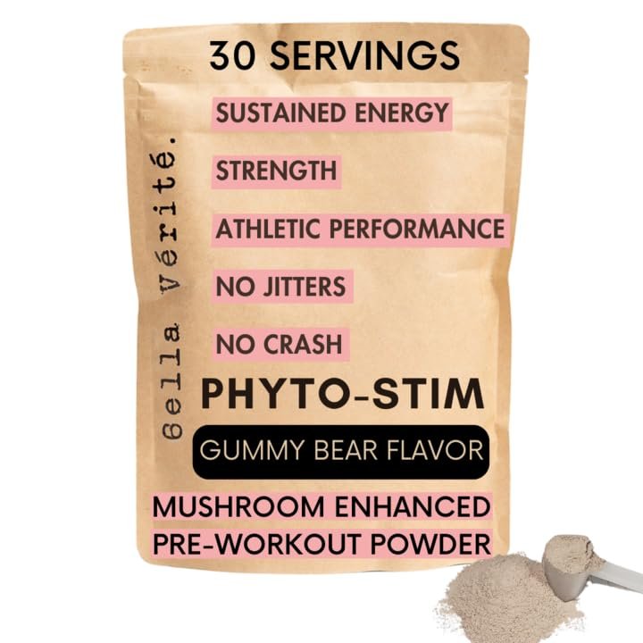 Bella Vrit Phyto Stim - Natural Sports Nutrition Pre Workout Powder - Endurance & Energy Powder with Yerba Mate, Ashwagandha, & Mushroom + 100mg Caffeine - Gummy Bear Flavor (30 Servings)