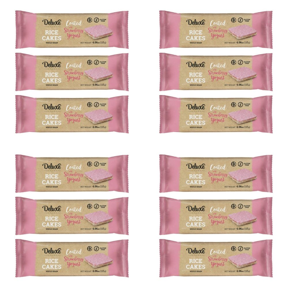 Deluxe & Bla Bla Thin and Crispy Strawberry Yogurt Chocolate Rice Cakes, Kosher Certified Dairy, Gluten Free, Nuts Free Snack Pack Of 12 (Pack of 12, Strawberry Yogurt)