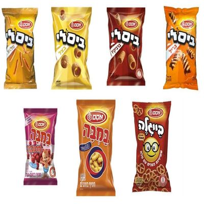 Osem Snacks Bundle Israeli Bamba Peanut Butter, Bissli Onion Grill Falafel BBQ, Pretzel Beigale - Wheat and Butter Kosher Snacks