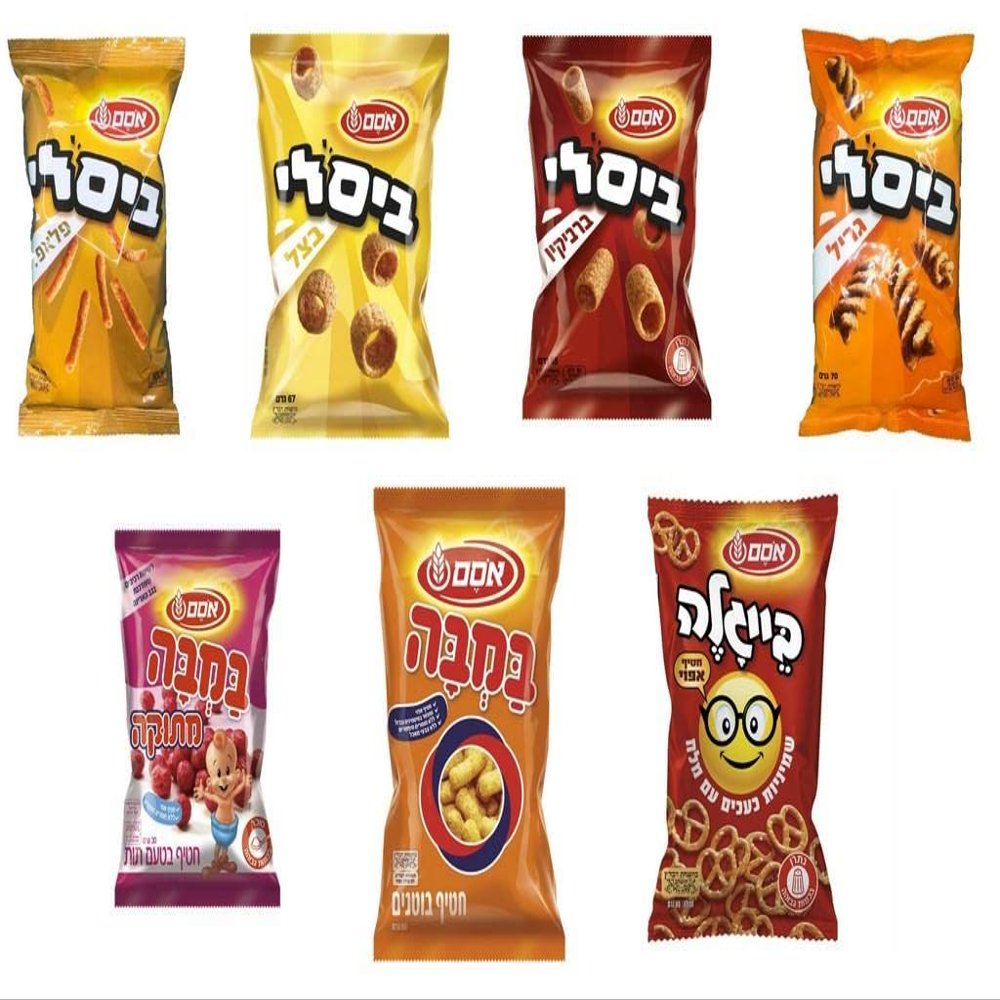 Osem Snacks Bundle Israeli Bamba Peanut Butter, Bissli Onion Grill Falafel BBQ, Pretzel Beigale - Wheat and Butter Kosher Snacks