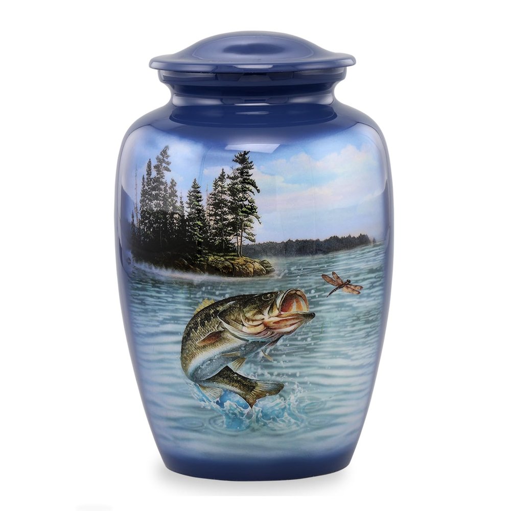 Gone Fishing Bass Cremation Urn  Adult Urn for Human Ashes up to 210 lbs  Fisherman Tribute Memorial Funeral Urn for Men and Women  Full Size Bass Fish Urn with Velvet Bag (Large)