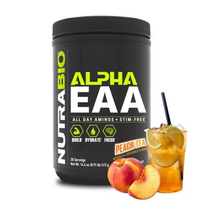 NutraBio Alpha EAA - All-Day Amino Acids for Muscle Growth and Hydration - Essential Amino Acids with Nootropics & Adaptogens- Full Spectrum EAA BCAA Powder - 30 Servings - Peach Tea