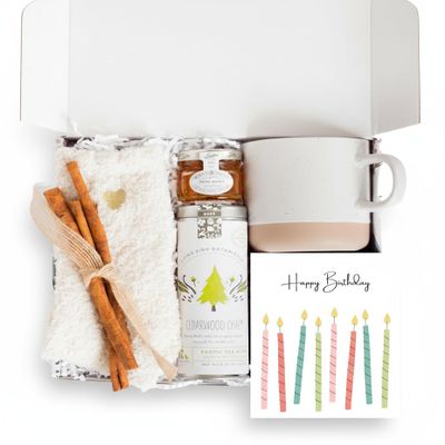 Unboxme Birthday Gift Basket for Women with Socks, Mug, Organic Chai Tea, Honey & Cinnamon, Relaxation Self Care Wellness Tea Gift Set for Mom, Sister, Best Friend