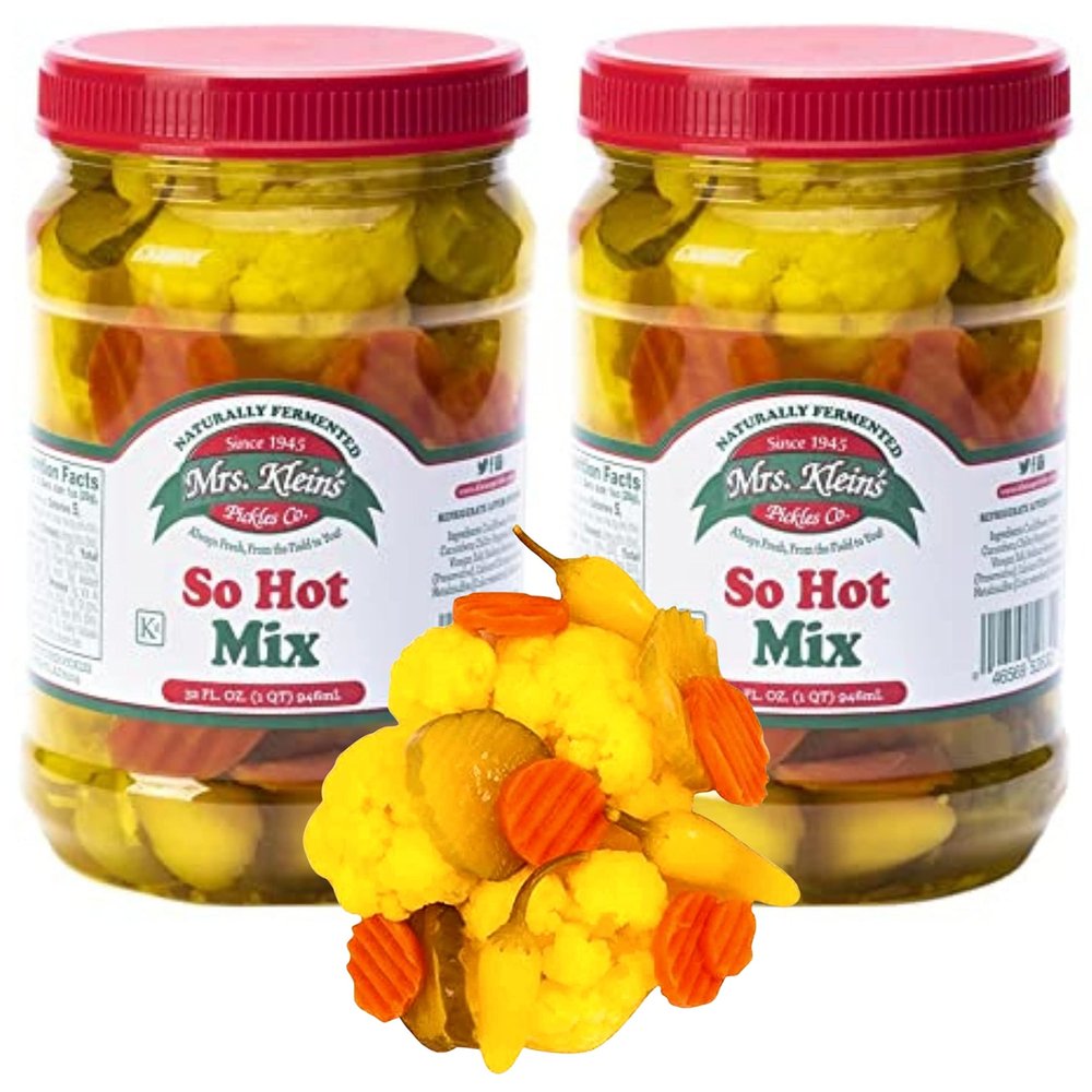 32 Oz. Fresh Pickled Vegetables, 2 Jars, So Hot Mix of Cauliflower Bites, Carrots, Hot Pickles & Chilito Peppers in Spicy Pickle Brine, Vegan Snack