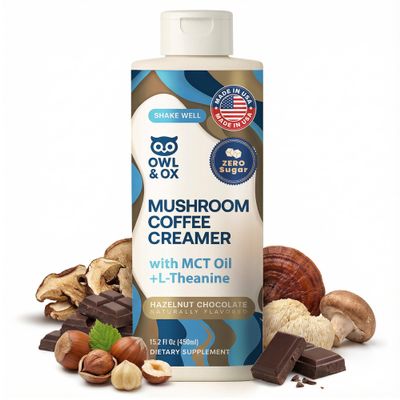 Mushroom Coffee Creamer with MCT Oil Blend & L-Theanine | MCT Coffee Creamer, Keto Coffee Creamer, Dairy Free, Sugar Free, Vegan, Plant Based, Hazelnut Chocolate Flavor, 30 Servings | Made in USA