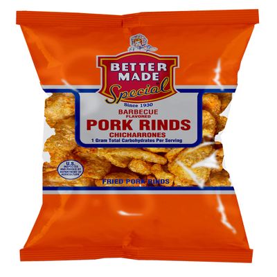 Better Made BBQ Flavored Pork Rinds Chicharrones -2.5oz Bag - 1g Carbs - Keto Friendly - Flavored Crispy Snacks, Family Owned Since 1930 - Lunch, Detroit