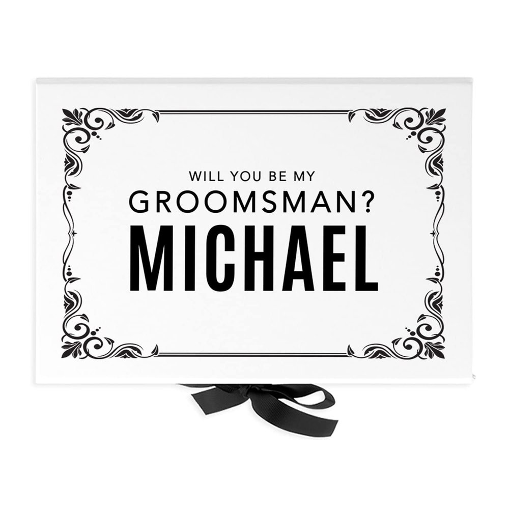 Andaz Press Custom Groomsman Proposal Box - Gift Boxes with Lids for Will You Be My Groomsman Proposal Gifts, Premium White Large Gift Box with Personalized Name Design & Ribbons, 10"x 7"x 4", 1-Pack