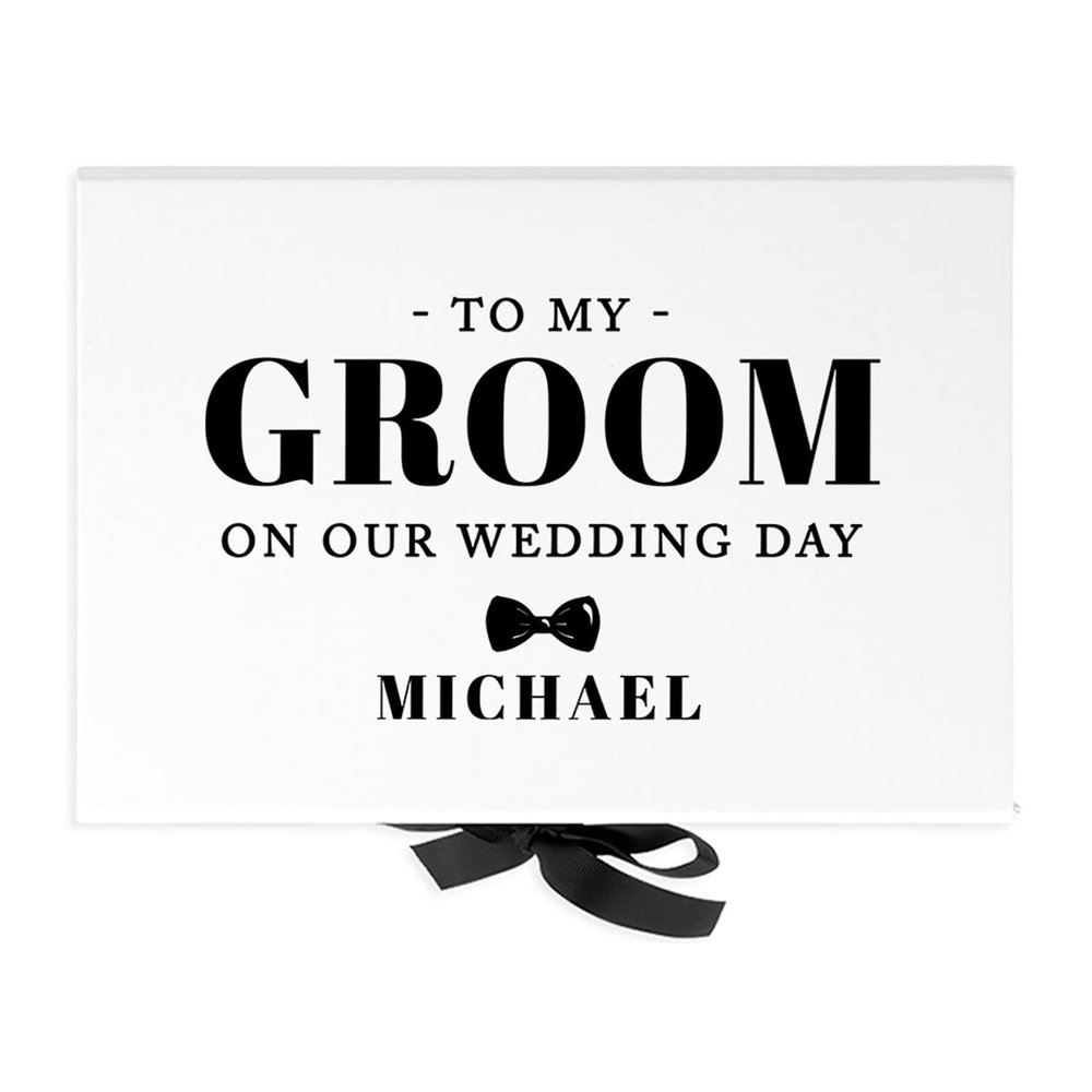 Andaz Press Custom Groom Gift Box - Gift Boxes with Lids for To My Groom On Our Wedding Day Gifts From Wife, White Large Gift Box with Personalized To My Groom Design & Ribbons, 10x 7x 4 Inches, 1-Pack