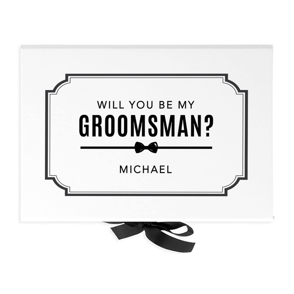 Andaz Press Custom Groomsman Proposal Boxes with Lids - Premium White Large Gift Boxes with Personalized Art Deco Design & Ribbons, 10"x 7"x 4", 1-Pack