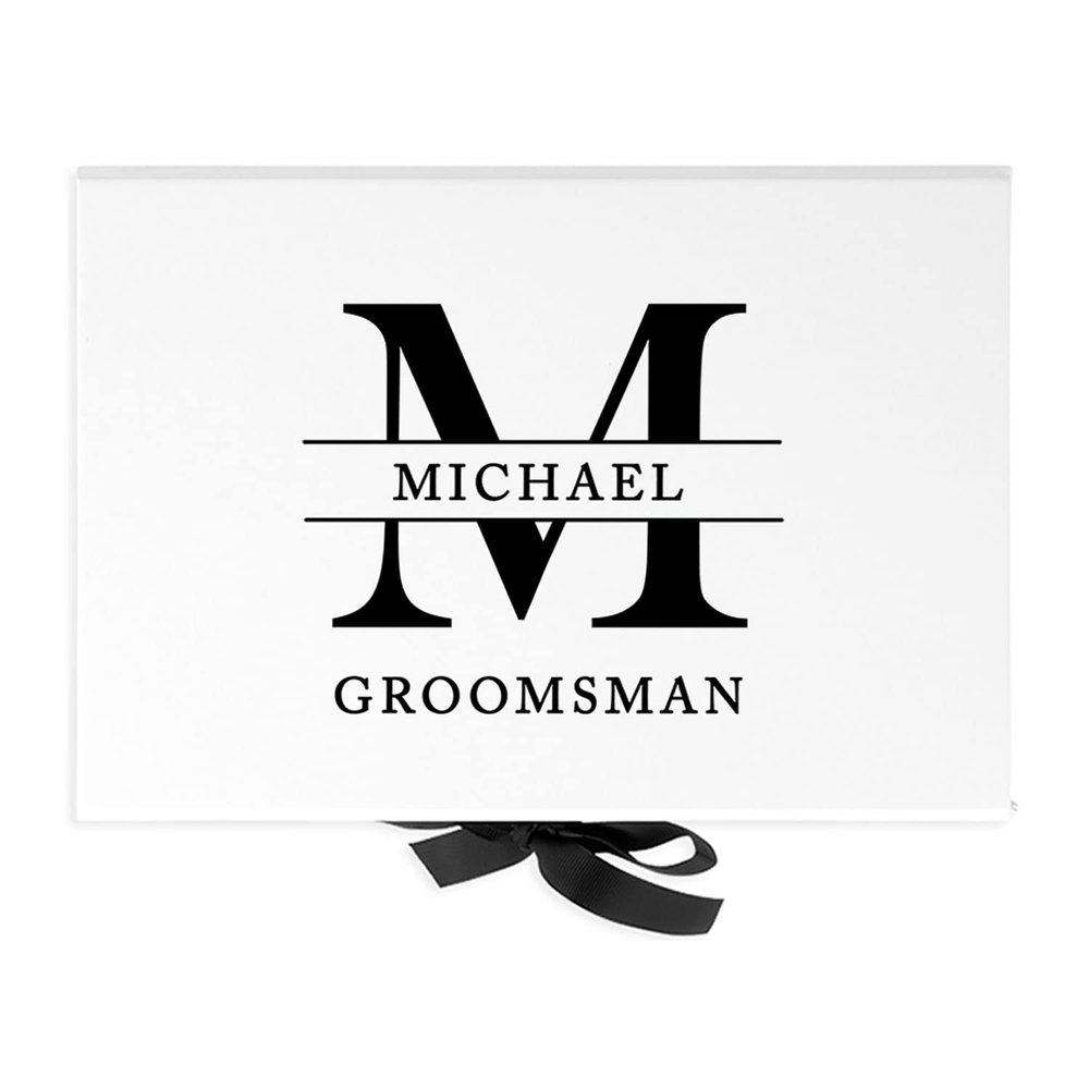 Andaz Press Custom Groomsman Proposal Box Gift Boxes with Lids for Will You Be My Groomsman Proposal Gifts Premium White Large Gift Box with Personalized Name & Monogram, Ribbons, 10"x 7"x 4", 1-Pack
