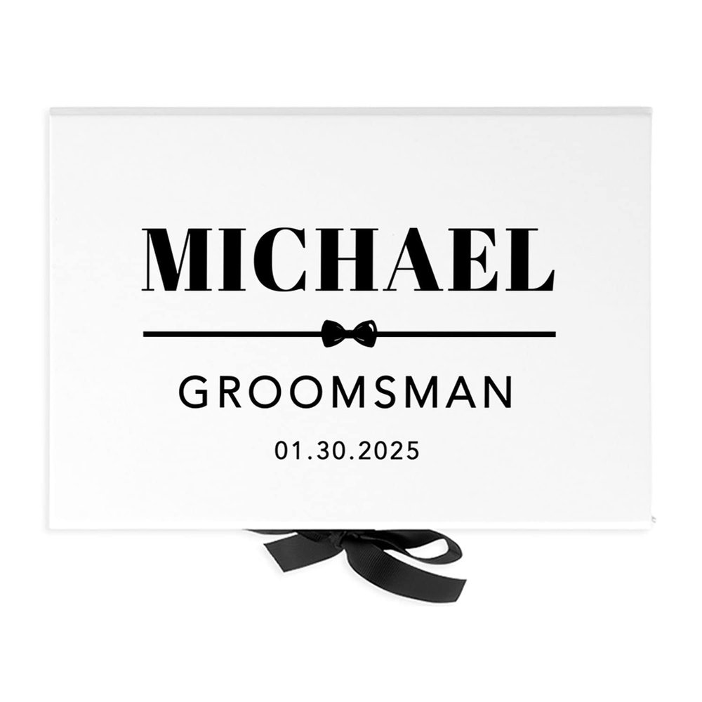 Andaz Press Custom Groomsman Proposal Box Gift Boxes with Lids for Will You Be My Groomsman Proposal Gifts Premium White Large Box with Personalized Name & Date Design, Ribbons, 10"x 7"x 4", 1-Pack