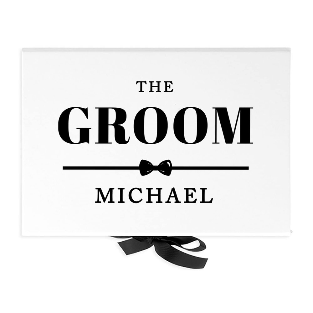 Andaz Press Custom Groom Gift Box - Gift Boxes with Lids for Wedding Day Groom Gifts, Premium White Large Gift Box with Personalized Name Design & Ribbons, Groom Box From Bride, 10"x 7"x 4", 1-Pack