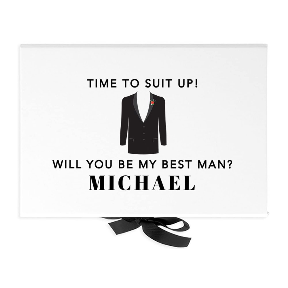 Andaz Press Custom Groomsman Proposal Box - Gift Boxes with Lids for Will You Be My Best Man Proposal Gifts, Premium White Box with Personalized Time to Suit Up Design & Ribbons, 10"x 7"x 4", 1-Pack
