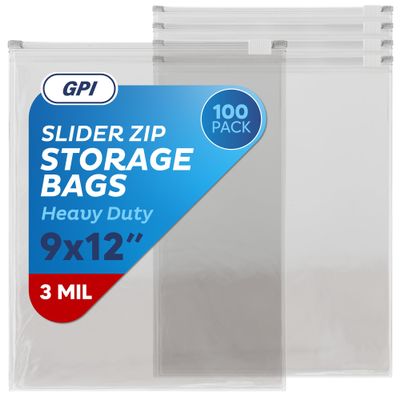 100 Count - Slider Zip Food Storage Bags, 9" x 12" 3 Mil Heavy Duty, Strong & Durable For Freezer Storage. GPI