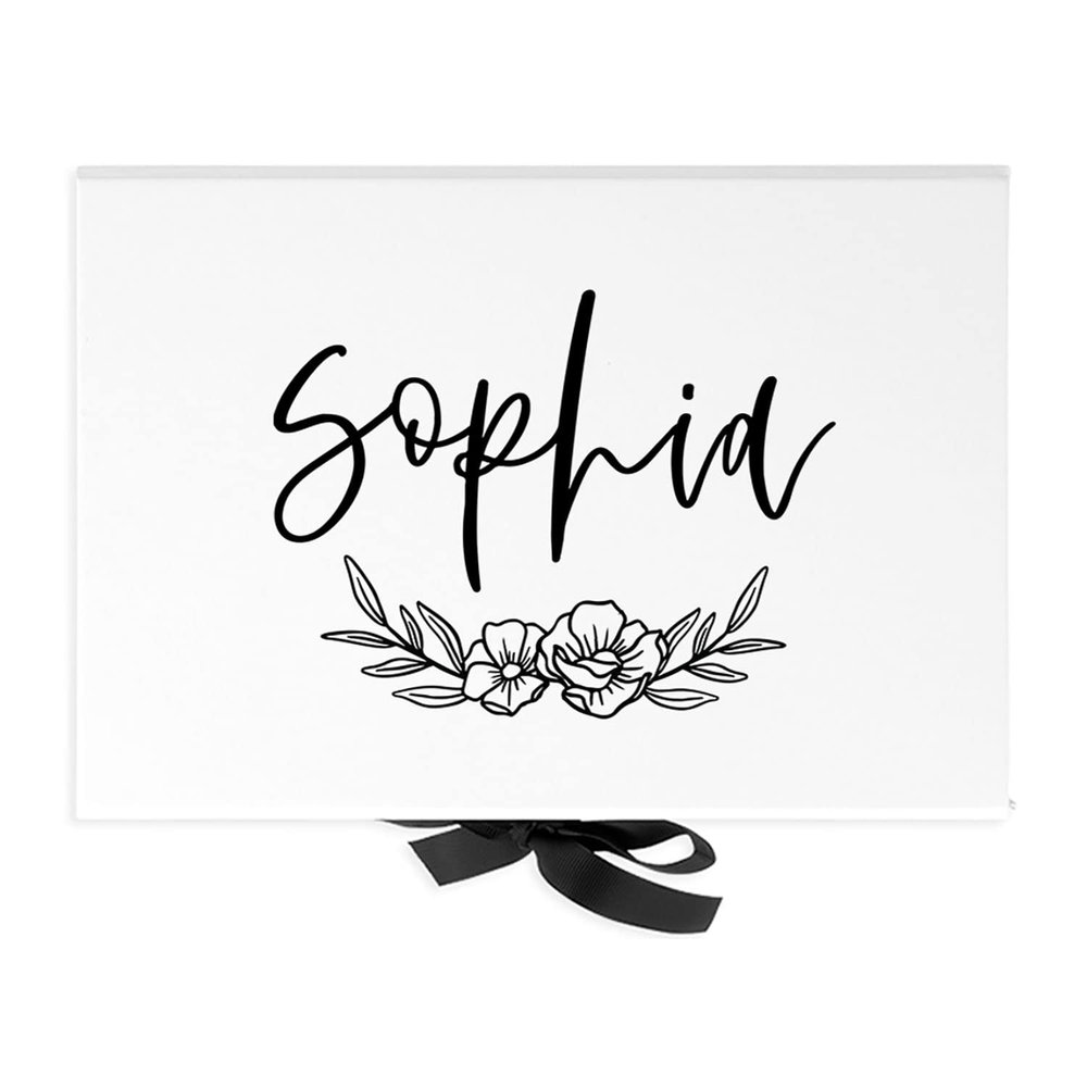 Andaz Press Custom Bridesmaid Proposal Box - Gift Boxes with Lids for Maid of Honor Flower Girls & Bridesmaid Proposal Gifts White Box w/Personalized Name Minimal Florals, Ribbons, 10"x7"x 4", 1-Pack