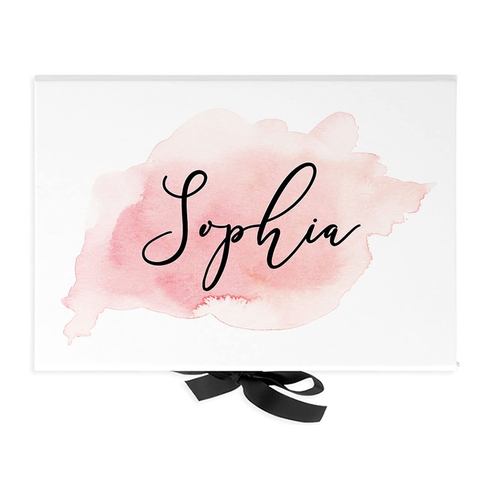 Andaz Press Custom Bridesmaid Proposal Box - Gift Boxes with Lids for Maid of Honor, Flower Girls & Bridesmaid Proposal Gifts White Box w/Personalized Watercolor Name & Ribbons, 10" x7"x 4", 1-Pack